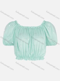 Wholesale Women's Casual Off Shoulder Puff Sleeve Colorful Sequin Crop Tops, LIUHUA CLOTHING WHOLESALE