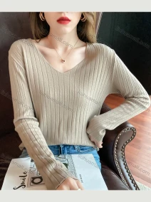 Wholesale Women's Casual Plain V Neck Long Sleeve Wide Ribbed Knit Sweater Tops 8031#, LIUHUA CLOTHING WHOLESALE