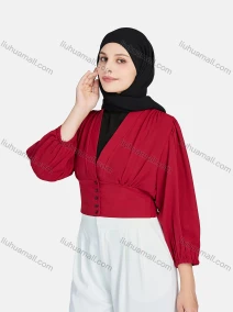 Wholesale Women's Casual Plain V Neck Shirred Button Decor Long Sleeve Blouse 1396-Maroon#, LIUHUA CLOTHING WHOLESALE