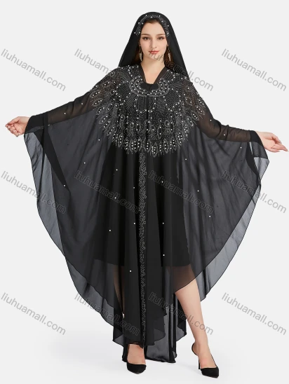 Wholesale Women's Muslim Islamic Rhinestone Beaded Triangular Hem Kaftan With Hijab WQ81#