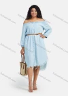Wholesale Women's Denim Off Shoulder Frayed Raw Hem Button Down Knee Length Dress With Belt - Liuhuamall
