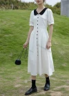 Wholesale Women's Peter Pan Collar Lantern Sleeve Buttons Ruffle Hem Midi Dress AY166# - Liuhuamall