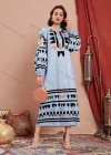 Wholesale Women's Casual Keyhole-Neck Long Sleeve Lace Up Pattern Midi Dress AY213# - Liuhuamall