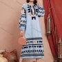 Wholesale Women's Casual Keyhole-Neck Long Sleeve Lace Up Pattern Midi Dress AY213# preview