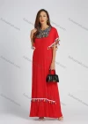 Wholesale Women's Notch Neck Batwing Sleeve Fringe Trim Embroidered Maxi Kaftan - Liuhuamall