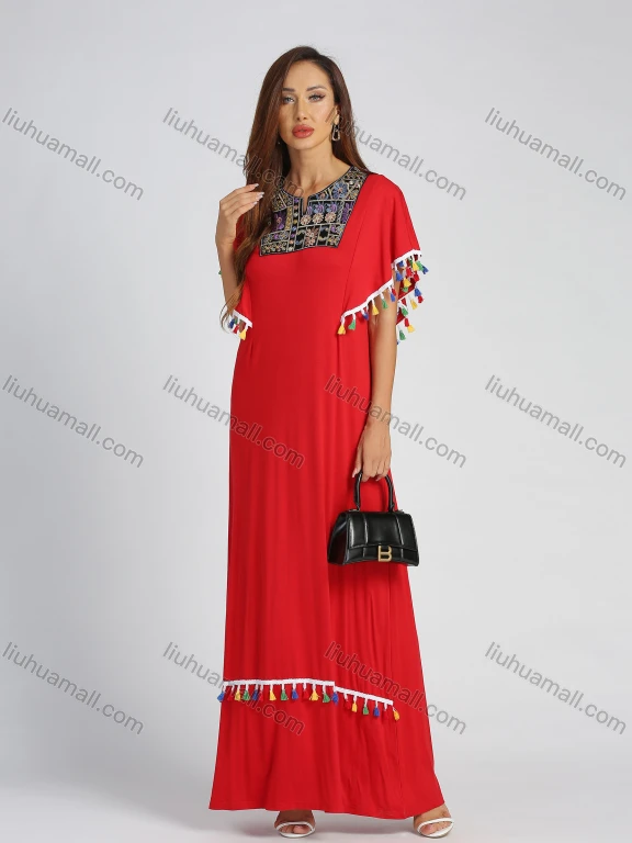 Wholesale Women's Notch Neck Batwing Sleeve Fringe Trim Embroidered Maxi Kaftan