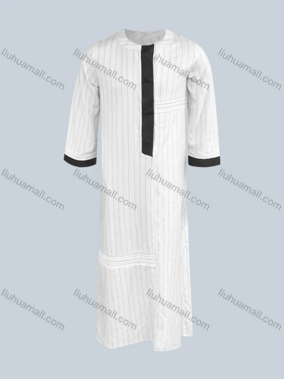 Wholesale Men's Modest Round Neck Contrast Striped Button Front Middle East Ramadan Muslim Arabic Robe