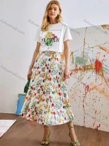 Wholesale Women's Casual Elastic Waist Floral Midi Pleated Skirt AY256#, LIUHUA CLOTHING WHOLESALE