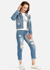 Wholesale Women's Fashion 3D Floral Long Sleeve Button Down Flap Pockets Crop Denim Jacket - Liuhuamall