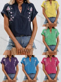 Wholesale Women's Casual Notched Floral Swiss Dot Button Down Cap Sleeve Blouse, LIUHUA CLOTHING WHOLESALE