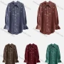 Wholesale Women's Casual Plain Shirred Rhinestone Collared Long Sleeve Curved Hem Button Down Denim Shirt preview