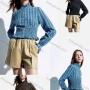 Wholesale Women's Casual Striped Shirred Ruffle Trim Poet Sleeve Mock Neck Button Down Crop Blouse preview