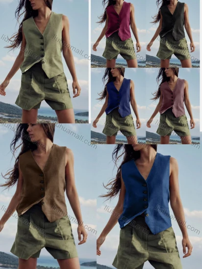 Wholesale Women's Casual Plain Patch Pocket V Neck Button Down Vest