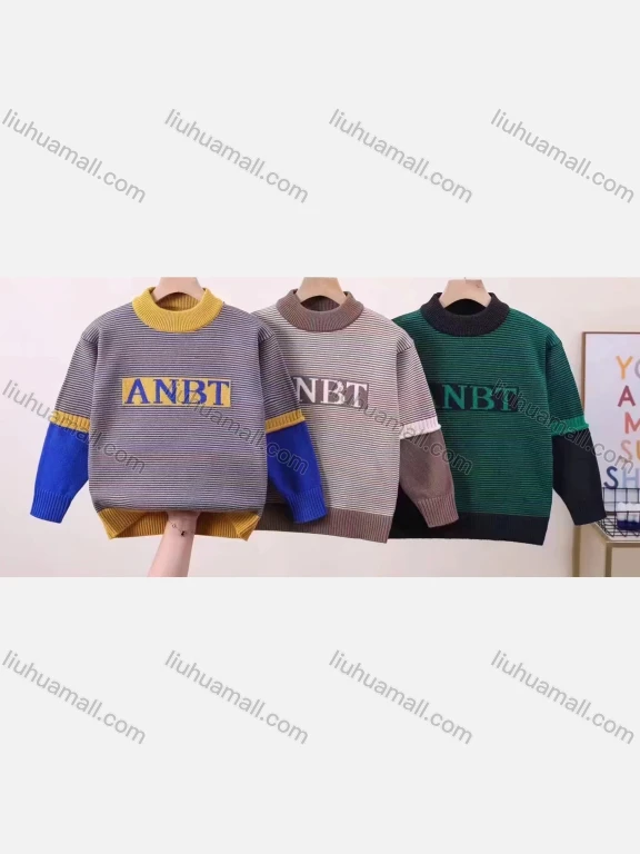 Wholesale Kid's Casual Mock Neck Letter Striped Long Sleeve Fleece Sweater 1017#