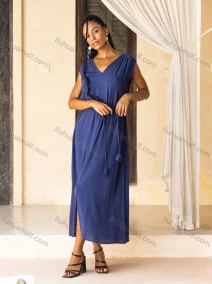 Wholesale Women's Casual Plain V Neck Woven Split Front Maxi Tank Dress V5426#, LIUHUA CLOTHING WHOLESALE