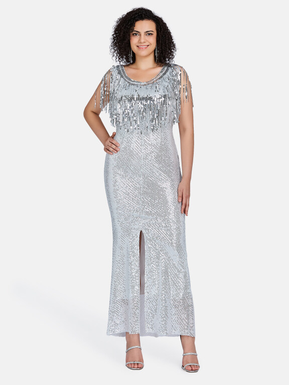 Women's Elegant Plain Sleeveless Split Front Sequin Tassel Decor Maxi Mermaid Evening Dress 23016#, Clothing Wholesale Market -LIUHUA, Women, Women-s-Outerwear, Cape-Poncho