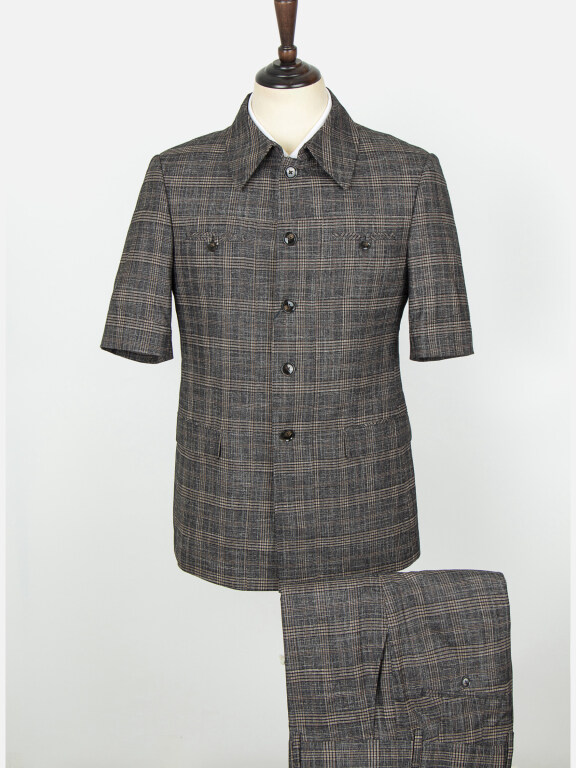 Men's Plaid Button Down Patch Pocket Short Sleeve Shirt & Pants 2-Piece Sets BV220302#, Clothing Wholesale Market -LIUHUA, MEN, Clothing-Sets