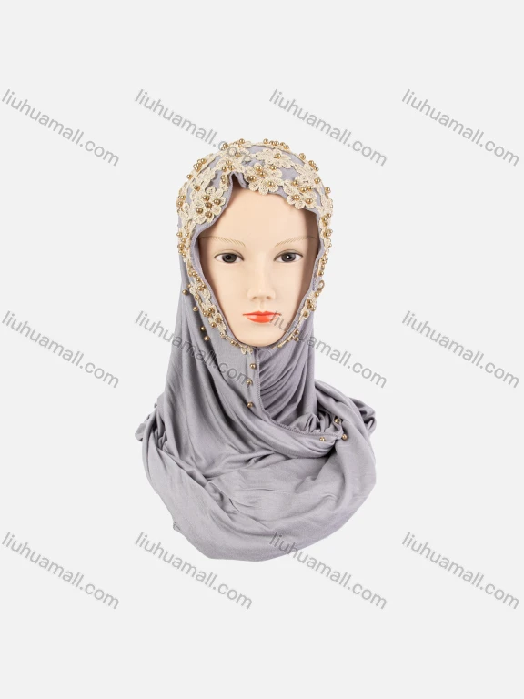 Wholesale Women's Casual Plain Pearl Decro Appliques Long Arabic Muslim Hijab Turban Scarf