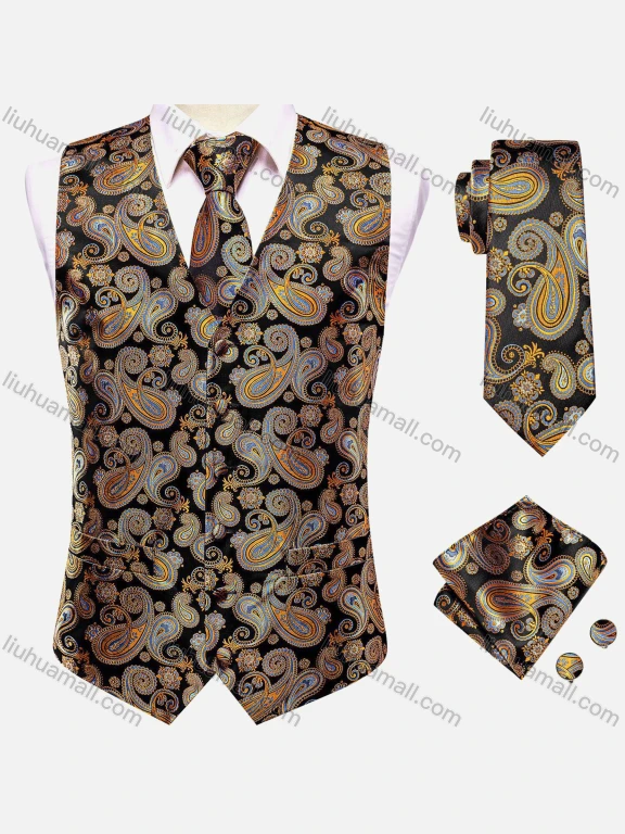 Wholesale Men's Formal Paisley Print Single Breasted Silky Waistcoat With Necktie & Kerchief & Cufflinks 4-piece Set