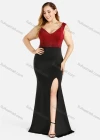 Wholesale Women's Fashion V Neck Sleeveless Splicing Two Tone Rhinestone Zipper Split Thigh Evening Dress - Liuhuamall
