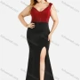 Wholesale Women's Fashion V Neck Sleeveless Splicing Two Tone Rhinestone Zipper Split Thigh Evening Dress preview