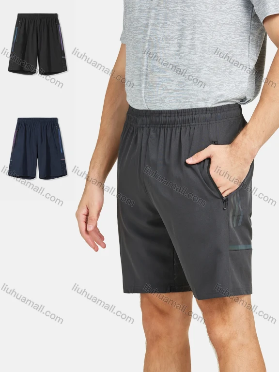 Wholesale Men's Athletic Plain Splicing Running Shorts With Zipper Pockets