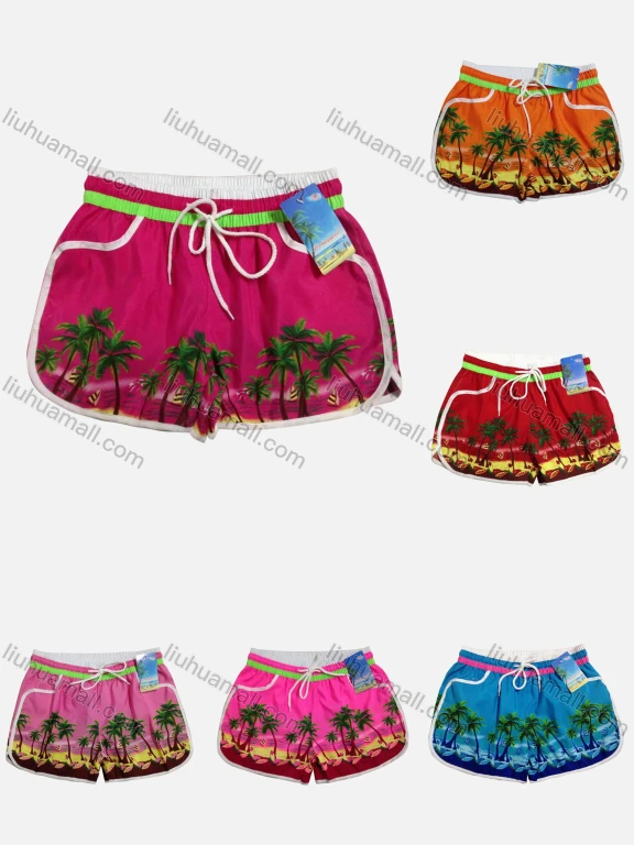 Wholesale Women's Vacation Contrast Tropical Print Drawstring Beach Shorts