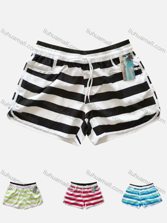 Wholesale Women's Vacation Striped Pockets Drawstring Beach Shorts