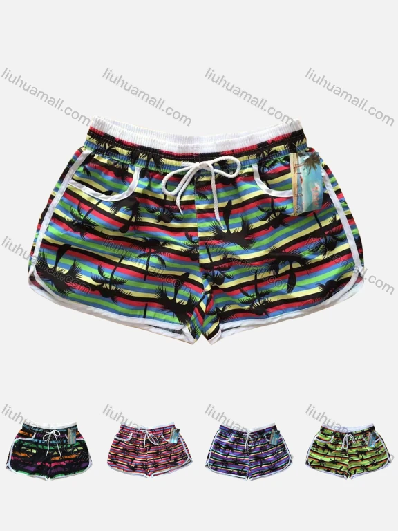 Wholesale Women's Vacation Contrast Tropical Print Patch Pocket Drawstring Beach Shorts