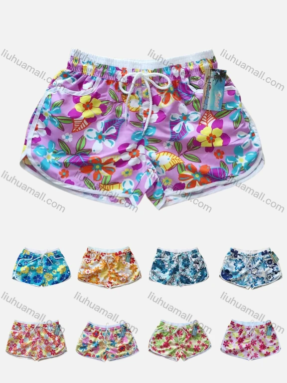 Wholesale Women's Vacation Contrast Floral Print Drawstring Beach Shorts