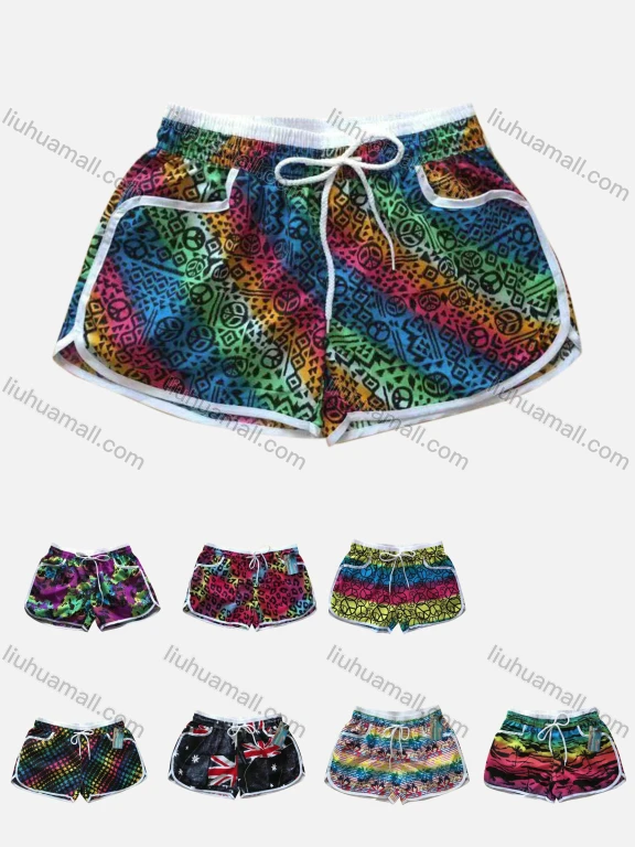 Wholesale Women's Vacation Contrast Geo Letter Print Drawstring Beach Shorts