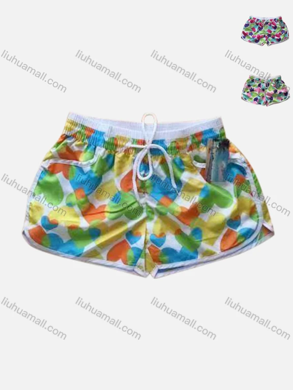 Wholesale Women's Vacation Contrast Heart Print Drawstring Beach Shorts