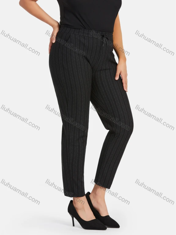 Wholesale Women's Casual Plus Size High Elastic Striped Print Stright Leg Pants With Drawstring 33030#