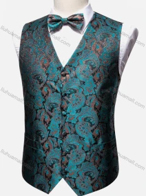 Wholesale Men's Vintage V Neck Single Breasted Folkloric Print Silky Waistcoat & Bow Tie 2-piece Set, LIUHUA CLOTHING WHOLESALE