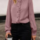 Women's Casual Plain Swiss Dot Ruffle Trim Stand Collar Buttons Down Long Sleeve Blouse 5# Clothing Wholesale Market -LIUHUA