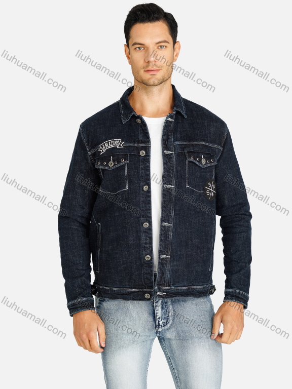 Wholesale Men's Basics Plain Button Down Flap Pockets Letter Embroidery Denim Jacket