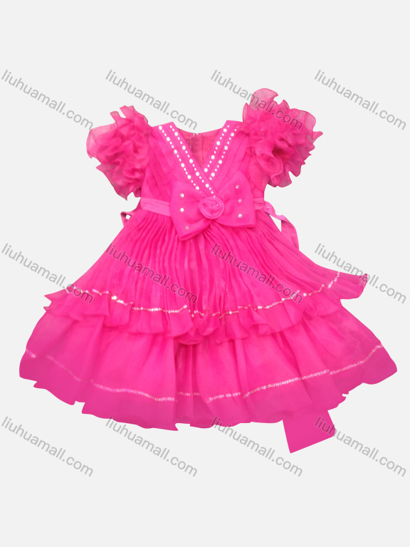 Wholesale Girls Lovely Sequin Tiered Bow-knot Petal Sleeve Zipper Back Flower Dress