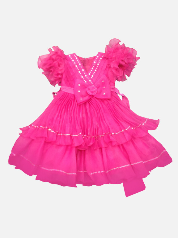 Girls Lovely Sequin Tiered Bow-knot Petal Sleeve Zipper Back Flower Dress, Clothing Wholesale Market -LIUHUA, Kids-Babies, Infant-Toddlers-Clothing-0-24months-