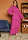 Wholesale Women's Casual Plain Ruffle Trim Shirred Long Sleeve Layered Hem Maxi Dress - Liuhuamall