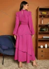Wholesale Women's Casual Plain Ruffle Trim Shirred Long Sleeve Layered Hem Maxi Dress - Liuhuamall