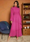 Wholesale Women's Casual Plain Ruffle Trim Shirred Long Sleeve Layered Hem Maxi Dress - Liuhuamall