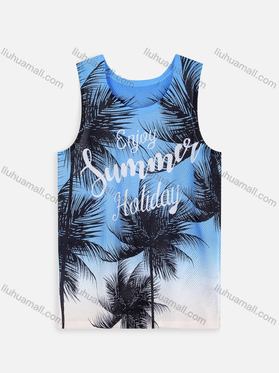Wholesale Men's Vacation Letter & Tropical Print Casual Beach Tank Top