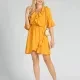 Women's V-Neck Ruffle Trim Trumpet Sleeve Casual Wrap Hem Short Dress Yellow Clothing Wholesale Market -LIUHUA