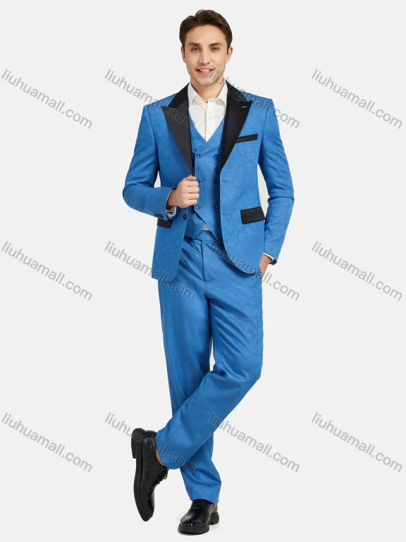 Wholesale Men's Fashion Pockets Lapel Contrast Blazer & Double Breasted Vest & Pants 3 Piece Sets 1545-8884#