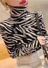 Wholesale Women's Casual Long Sleeve Turtleneck Zebra Print Bodycon Knit Tops - Liuhuamall