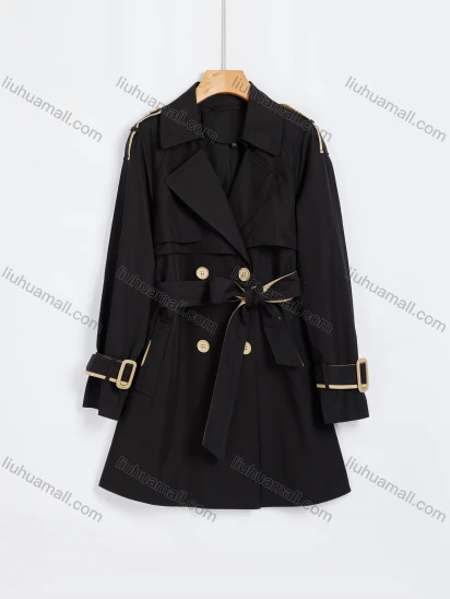 Wholesale Women's Casual Plain Contrast Lapel Long Sleeve Double Breasted Pocket Trench Coat With Belt 2024-1#