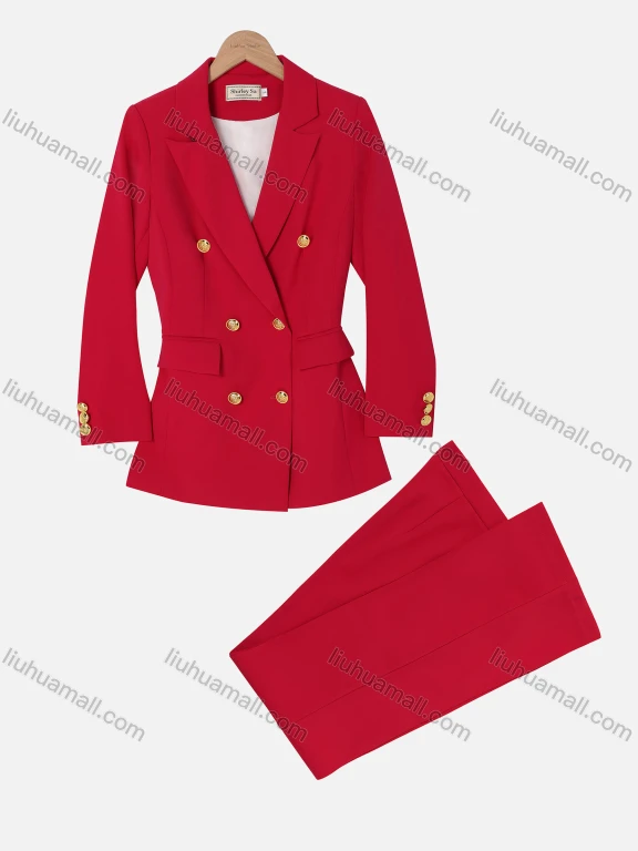 Wholesale Women's Formal Lapel Flap Pockets Doubel Breasted Blazer & Suit Pants 2-Piece Suit Sets