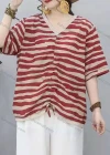 Wholesale Women's Casual Comfort V Neck Top Half Sleeve Striped Blouse With Drawstring - Liuhuamall