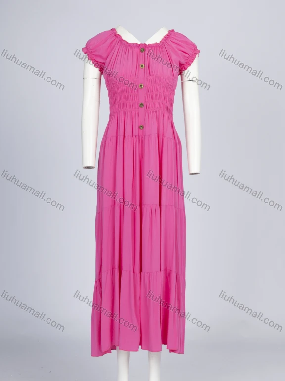 Wholesale Women's Casual Plain Square Neck Ruched Shirred Button Decor Ruffle Trim Hem Midi Dress 620-1#