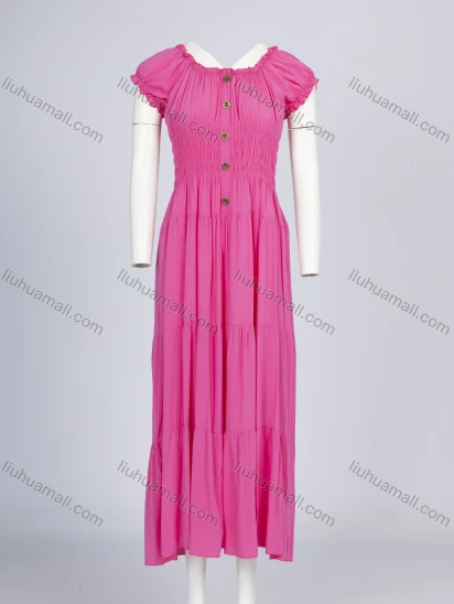 Wholesale Women's Casual Plain Square Neck Ruched Shirred Button Decor Ruffle Trim Hem Midi Dress 620-1#